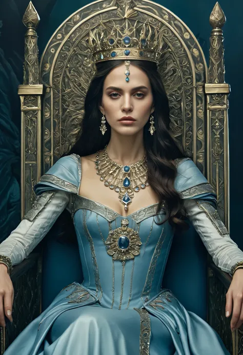 A highly detailed portrait of the Empress tarot card, a beautiful woman with intricate facial features wearing a crown, sitting on a throne and holding a sword, with a serious expression, 8k resolution, complex details, digital art masterpiece