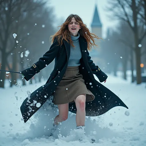 Emma Watson, Hermione Granger, adult, dark lord Voldemort is casting a blizzard spell, hermione is facing voldemort but cannot match his ultimate power, woolen skirt, bare legs, griffindor coat, turtleneck, high heels, hogwarts castle garden, full body, bl...