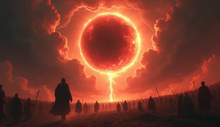 The Day of Wrath"
"Visualize the sun turning black as coal, the moon red as blood, and the sky filled with apocalyptic signs. The world panics as plagues and wars consume nations. Create a scene that shows the intensity of the day of wrath."