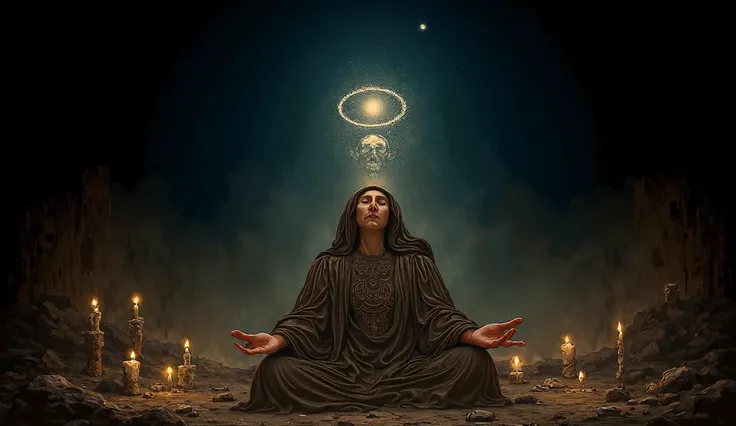 "A classic illustration of Baba Vanga with her eyes closed, surrounded by cosmic energy. She is in an ancient setting, perhaps a cave or room lit by candles, with her hands raised in a gesture of receiving the universe’s energy. In the background, a starry...