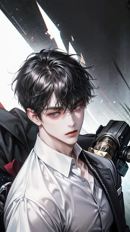 masterpiece, top quality,Super detailed,Upper body,male,male face,28 years old, Black Hair , very short hair ,black eye,hair between eyes ,  Crossed bangs,White shirt, black suit, sharp eyes, broad shoulder , with a hammer ,gentle background 