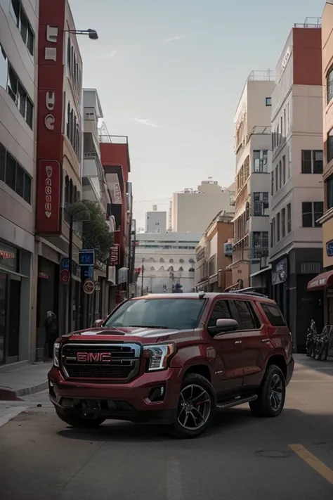 GMC Tahoe 2025, red color, gray wheels, best quality, street background, 1.6 lens aperture, high resolution 