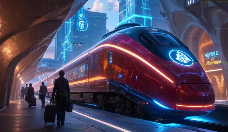  The Hogwarts Express has been completely reimagined as a floating magnetic train .  The locomotive is elegant and made of shiny metal alloys ,  giving you a futuristic look .  The body of the train is elongated and aerodynamic ,  with strips of blue and g...