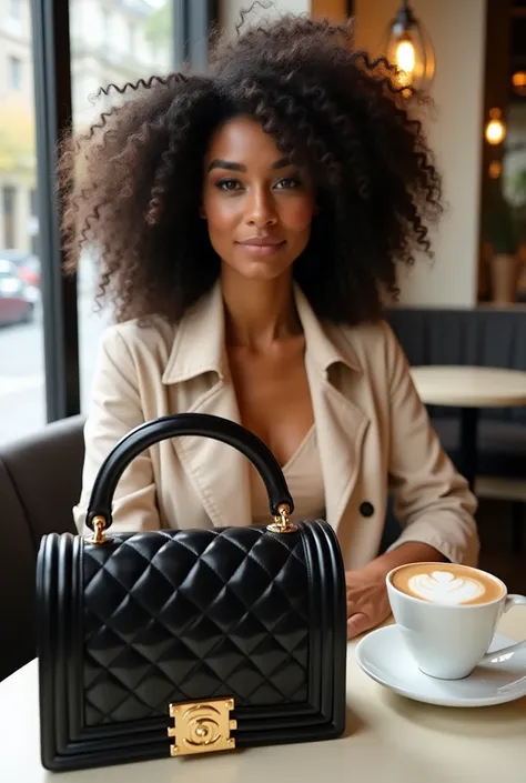 A mixed-breed woman with voluminous curly hair and elegantly styled. She wears a beige silk midi dress, with a light open trench coat, sitting at a table in a chic cafe. On the table, a glossy black Dior Lady bag with golden details is placed in front. Nat...