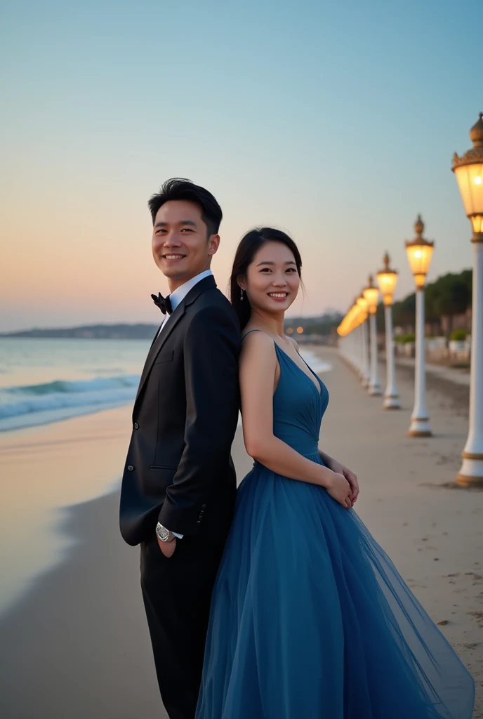 Create  A full body photography real pic of a 30 years old beautiful thai Korean couple smileng man and woman in black suit standing with her wife who wear blue gown on the seashore . There are beautiful lamps and sky  with written " mael and Zilla " looki...