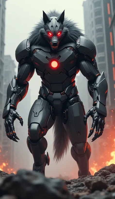 "Design a hybrid creature that combines the features of Iron Man and a wolf into a single, monstrous entity. The creature should have a sleek, metallic armored body inspired by Iron Man’s suit, but with the menacing head and powerful limbs of a wolf. The f...