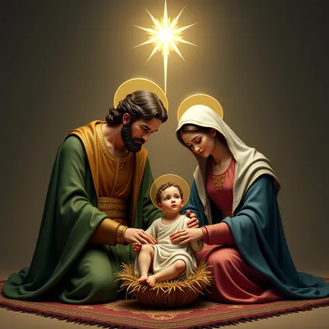  Saint Joseph and Mary holding the  Jesus in her lap , all on a rug.  And above the Holy Family is the star that guided the 3 real wise men and the shepherds with 4 points .
    Joseph will be dressed in the colors green , golden,  purple or orange .  and ...