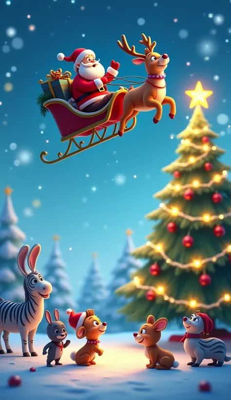 "A magical Christmas scene in a cartoon style, showing Santa Claus flying across the sky on his sleigh, pulled by reindeer, high above a decorated Christmas tree. Below, a playful puppy (Lila), a rabbit, a zebra, and other animals are looking up in awe at ...