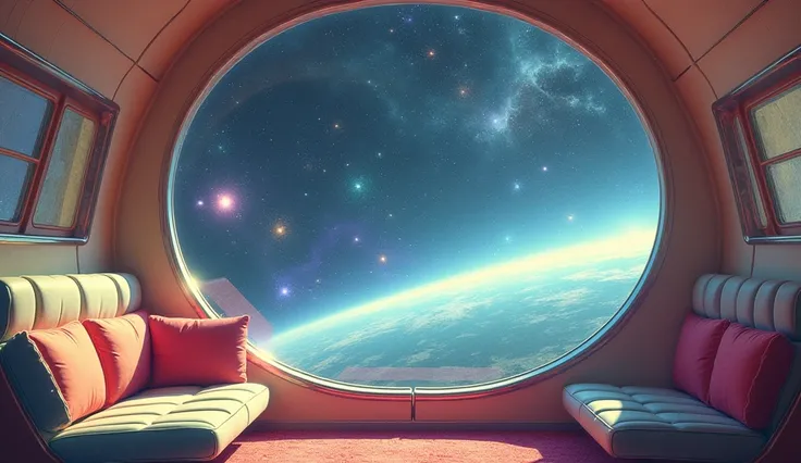 A retro-style artwork of a serene space scene viewed from a futuristic 1950s-inspired spaceship. The interior has soft pastel tones, chrome accents, and rounded furniture with mid-century aesthetics. Outside the window, a dreamy starfield sparkles with vib...