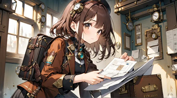 Steampunk art of Tokyo、 Simple Colored Old Cartoon Style、Beautiful girl with brown hair 、Im doing a mail delivery