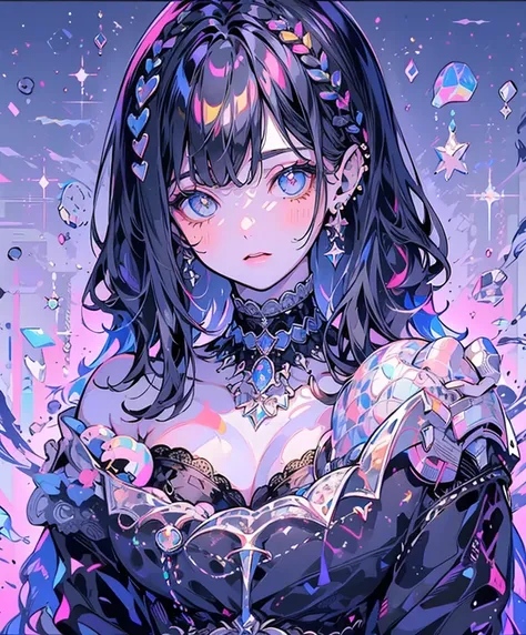 ((masterpiece)), (( top quality )), (   beautiful girl inlaid with diamond crystals ),  impeccably detailed eyes ,  perfectly detailed face,  very detailed nose,  open your mouth,  Randomly colored shorts  , Perfect Teeth, Bare shoulders,  black sexy dress...