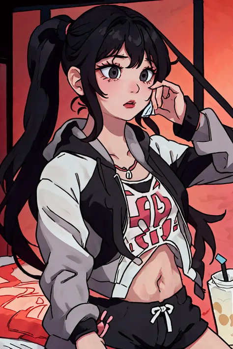 girl, seductive, in bedroom, dark lighting, in sports bra (black), pony tail, mature, Yor Forger, brown hair, pyjamas, dark bedroom, comfortable, hot, flirty, chaewon, eunchae, haerin, sakura kpop, kazuha, adult drinking ice boba milk tea, Japanese, booty ...