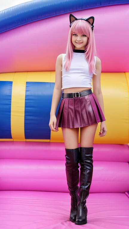  teenager with pink hair, slim model, Leather top pink ,  pleats leather skirt pink,  leather arm warmer ,  knee-high leather boots, Cat ears, bouncy castle  ,  realistic ,  arms scares  