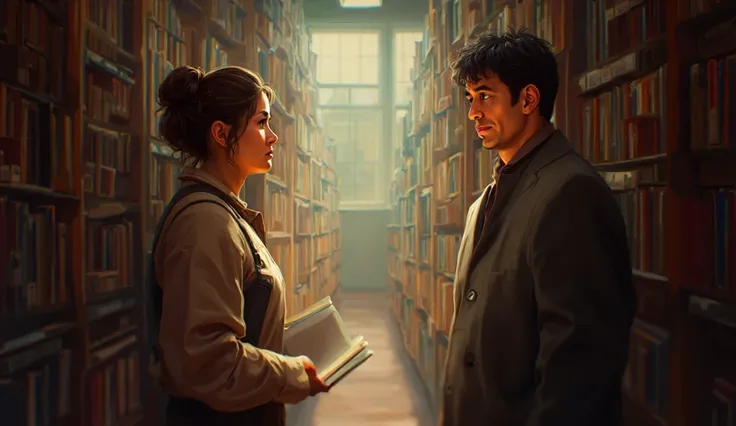 The Library Confrontation

Prompt: "A realistic, colorful scene inside a university library with bookshelves towering in the background. The light filters through large windows, casting soft shadows across the room. A young woman, Lily, is standing by a ro...