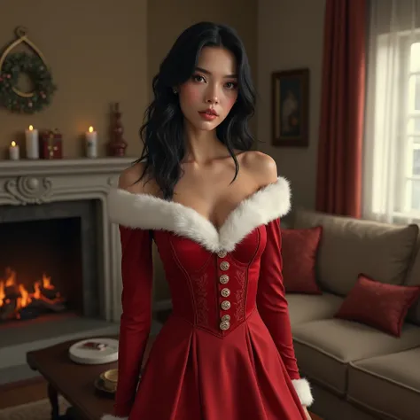 White woman, Caucasian, From Eastern Europe, A 35-year-old girl ,  Black hair, slim, dressed in a Santa Claus dress,  posing for the camera,  full body photo , in the living room at home, maximum detail,  maximum resolution, ULTRAREALISM,  photo at a dista...