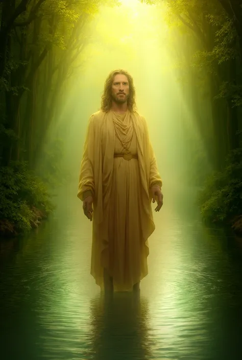  Create an ultra realistic and detailed image of Jesus  ,He is in a beautiful forest on a river with his feet in the water 