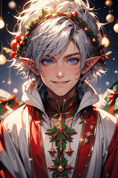 [4k, 32k, 8k] a young elf man, short silver hair, platinum eyes, happy smiling face, wearing a Christmas hood and wearing Christmas clothes, Christmas setting, [character staring at viewer, image focused on the face]