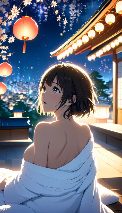 masterpiece, high res, illustration, Kyoto animation style, movie style: your name, night , mid night , Gentle Light, Fascinating Light, (1 female: 1.3), (Alone: 1.4), has long eyelashes, short bob, nose_, open_mouth, futon, nudity, kimono,  towel, Kirarhy...