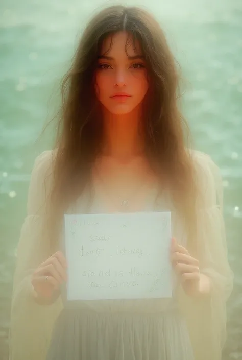 Beautiful girl with wavy long hair, bohemian dress, holding a white board with text "I Love Seaart Infinity" and showing it to the viewer