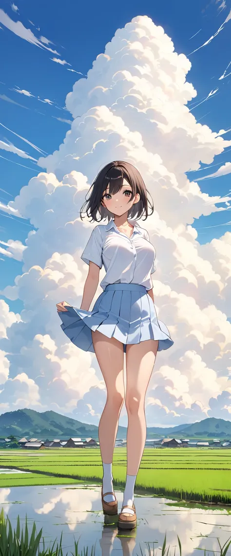 High school girl showing her whole body、 no bra、Her breasts are visible、Short-sleeved plain shirt  、  light blue miniskirt 、  rice paddies extend to the horizon  、Clear sky and cumulonimbus clouds  