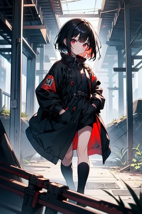 masterpiece, highest quality, highest quality, (no text), Beautiful and aesthetic:1.2),no text,anime、break,anime、break、 one girl、 dark haired girl short hair　 Slit Eyes Boyish 　adult　 beautiful eyes　red eyes, cool smile　Black coat　plain clothes full body o...