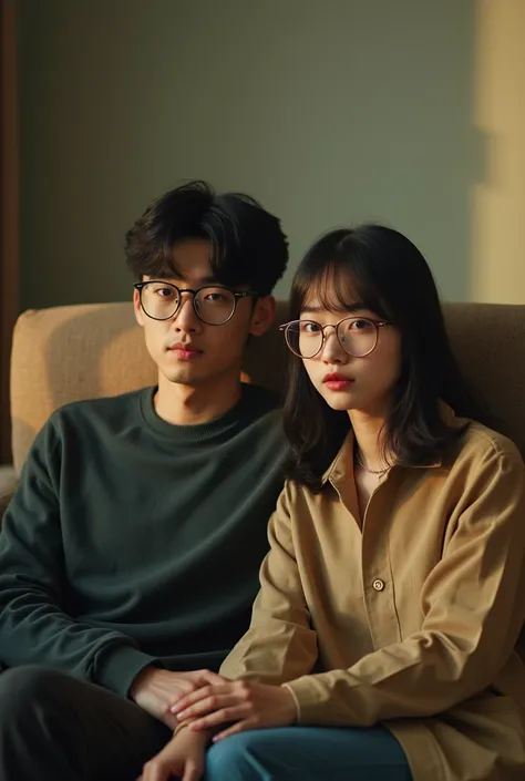 there are two people sitting on a couch together on the couch, a picture by Jang Seung-eop, pexels, realism, wearing thin large round glasses, wearing small round glasses, in square-rimmed glasses, with square glasses, still from a movie, wearing black fra...