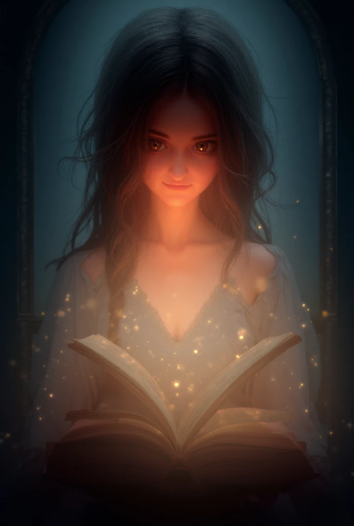 A clear animated picture of a beautiful lady reading a magical book