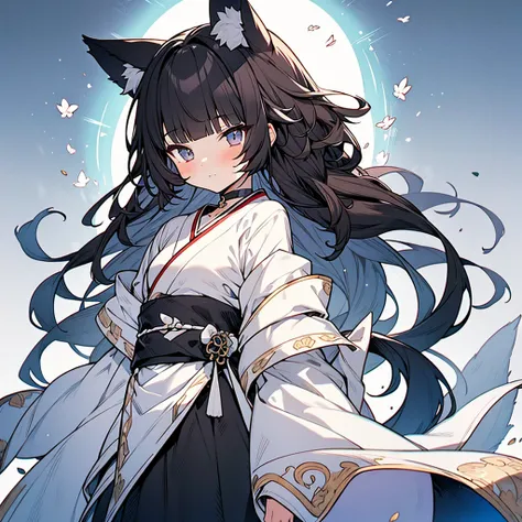 1boy,girlish-boy,wolf ears, wolf tail,black hair,long hair, choker, (((blunt bangs))), gothic kimono,frilly wide sleeve,sash,
masterpiece,best quality,ultra detailed, very aesthetic, hyper small and clean characters in hyper cute line style illustration, 