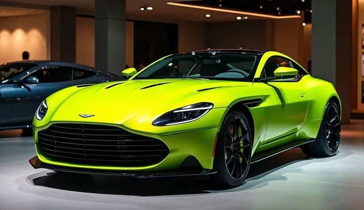 A stunning and sleek   side view images 2025 Aston Martin DB9 GT lime color  showcased in showroom 