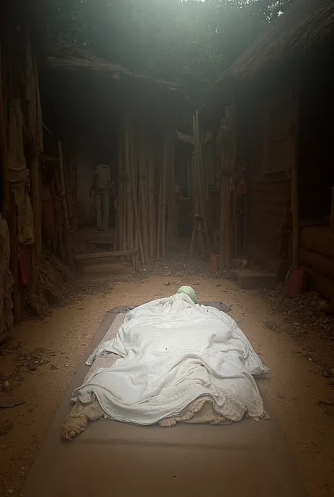 ইমেজ প্রম্পট:

"A rural village scene outside a house, where a deceased man is lying on a cot, covered with a white cloth. The man has passed away, and a few people are standing around, showing expressions of sorrow and respect. The surroundings are simple...