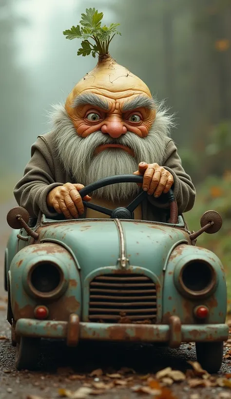 A humanoid  old turnip in a white beard is driving a junk car