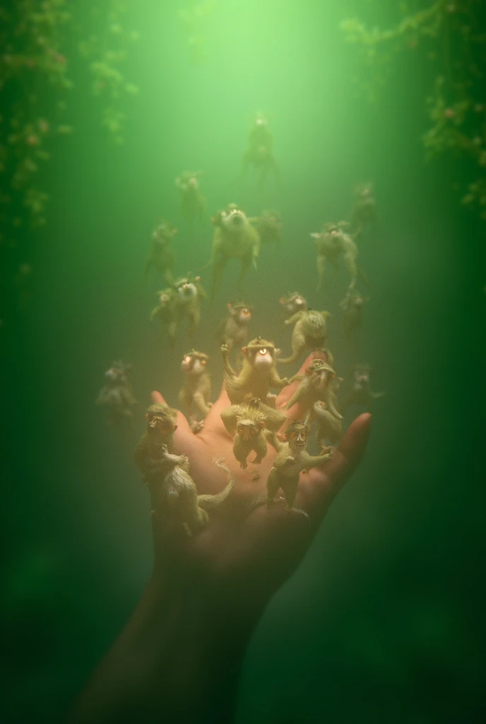 "A close-up of a hand with tiny, playful monkeys clinging to the fingers, surrounded by a lush jungle background."
