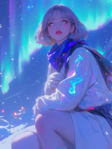 aurora, blurry background, close up, portrait, 1girl, solo,1girl, straight hair, purple hair, (red lipstick, red lips, mackeup), ((short hair, pixy cut, tomboy hair, very short hair)), yellow eyes, aran sweater, scarf, long skirt, white skirt, white mitten...