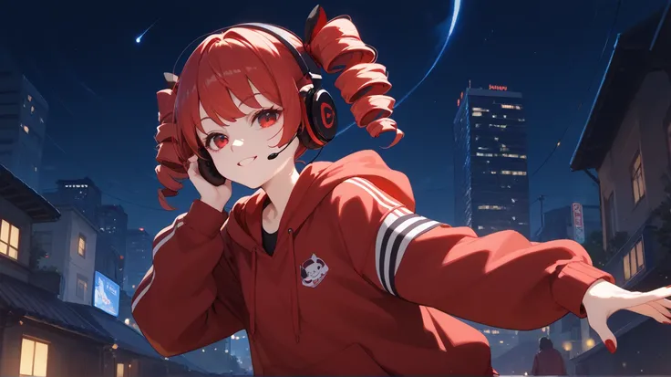 Girl red eyes red Drill Twin hair hoodie Headphones night