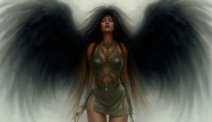 A woman with long black hair and large black wings behind her back. She is wearing a short green dress with slits and is adorned with accessories. In one hand, she holds a spear. Her appearance combines warrior-like strength and mythical mystery.