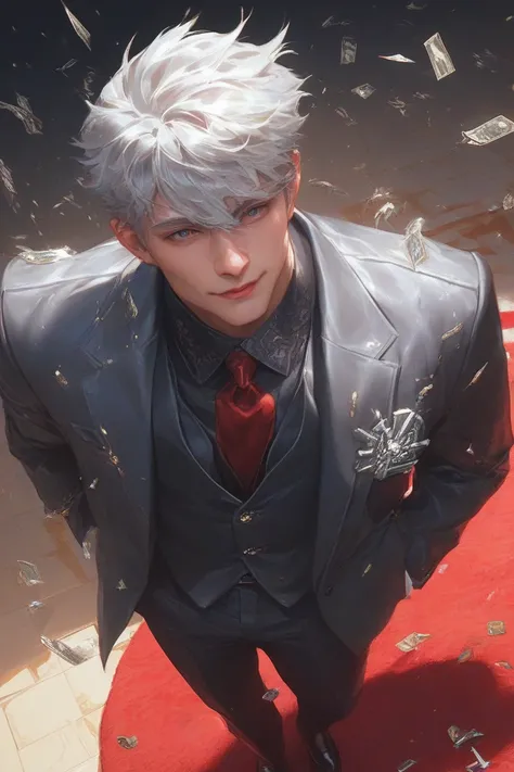 Best Quality,  very detailed,  1 man,  shortcuts, silver hair, handsome, korean, formal stylish suit, on a red carpet, paparazzis everywhere, flashing lights