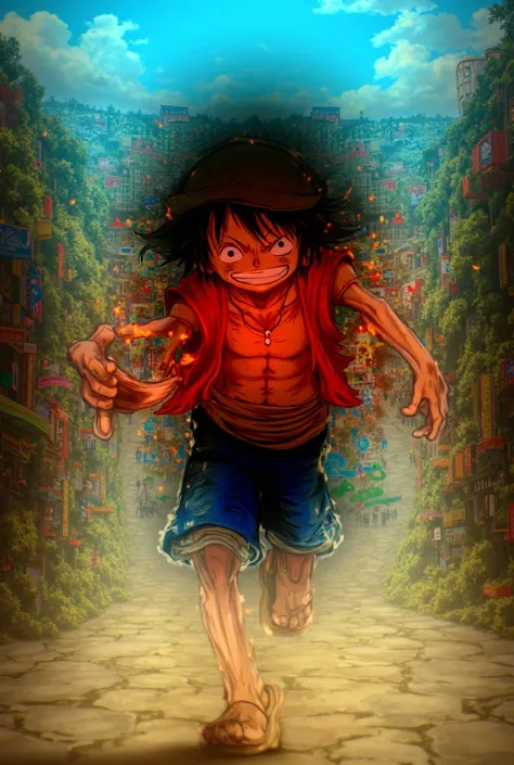 Luffy from One Piece anime running and holding a box of cigarettes in his hand