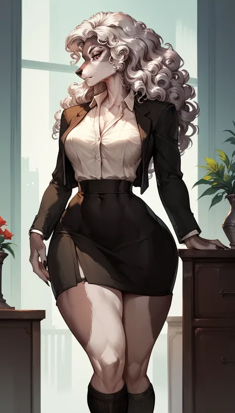 furry, Female wolf ,beautiful,  curly white hair, formal suit, Office skirt, socks, senta-se nonea cadeira de escritório, director, Alone, one, slightly profile view, thick thighs 