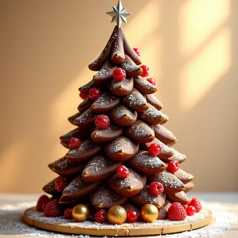  christmas tree  cake,
 christmas tree ,  cake,  Chocolate Ganache, fresh berries, Gold ornament, White Icing ,  Sparkling Decorations , Silver Star,  bright light,  Christmas Vibes 