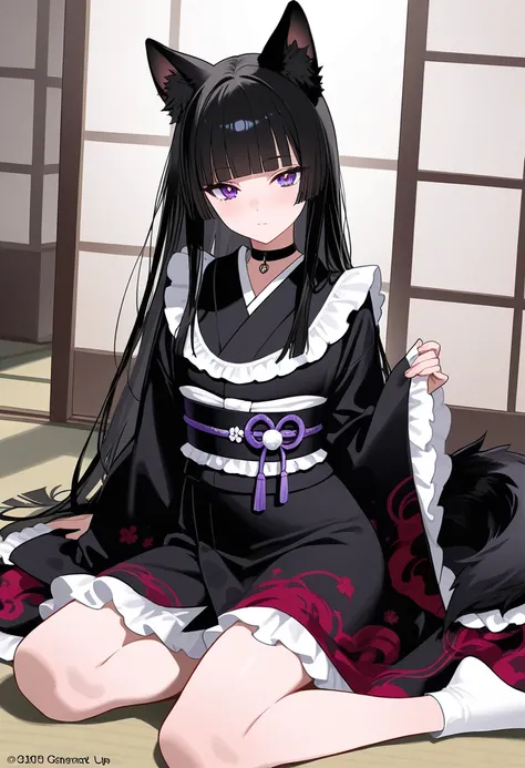 1boy,girlish-boy,wolf ears, wolf tail,black hair,long hair, choker, (((blunt bangs))), gothic kimono,frilly wide sleeve,sash,
masterpiece,best quality,ultra detailed, very aesthetic, hyper small and clean characters in hyper cute line style illustration, 