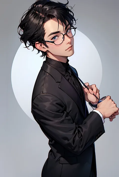 round glasses center part young man black suit