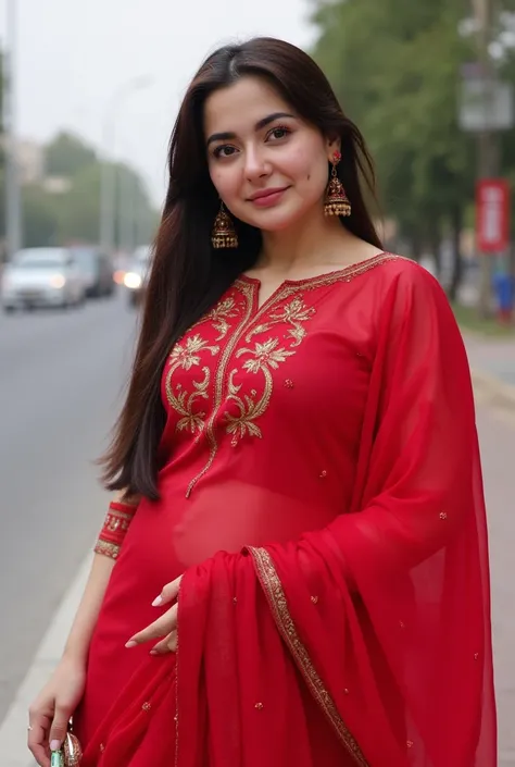  busty Pakistani (Hania Amir),(big breasts), candid photo of A Pakistani busty beauty teen with satin red Saree, , busy Pakistani street, (tiny satin blouse with cleavage), (big cleavage:1.3), her eyes are on the road
