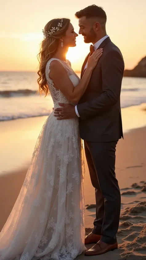 Please create an image of a real woman wearing a lace wedding dress getting married on the beach as the sun sets. 