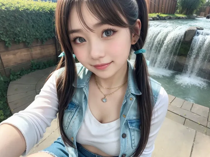 ( 1 girl),smile、 Look into the camera 、    Diamond Necklace、Pigtail  ,   wear it with a denim skirt  ..( )、    smooth material   ,      slippery and elastic      ..、    revealing upper arms    、   Blue green striped socks , Knee Length   ,  Extra Long Shor...