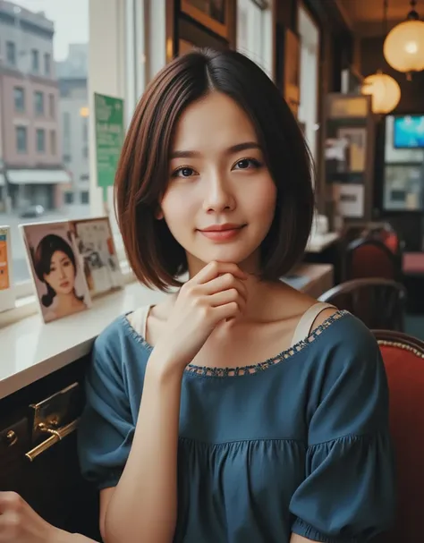  close-up portrait of a 24-year-old Asian woman  (close-up portrait of a 24 year old asian woman who is very skinny but has big boobs  , gorgeous actress-like woman)  Im sitting by the window of a cafe with a 70s style interior in New York and facing the w...