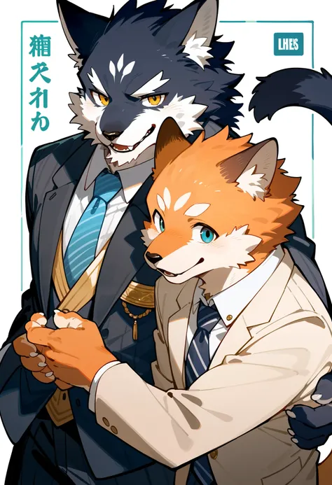 rating_safe, score_9, score_8_up, score_7_up, score_6_up, score_5_up, score_4_up, hires, cover page, source_furry, highres, absurdres, perfect anatomy, nice 2boys, kemono, suit, furry anthro, Top executives shake hands on the achievement of the project, sm...