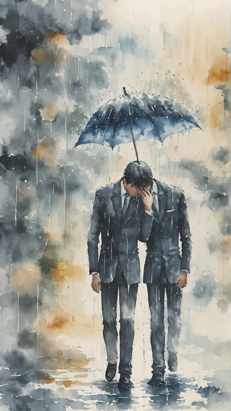 watercolor painting of a man in suit in the rain. full body shot of the man who is soaked under the rain. he tilts his head up to face the rain, the rainwater flows down his face. he is walking in the street, holding his hands out to feel the rain. waterco...