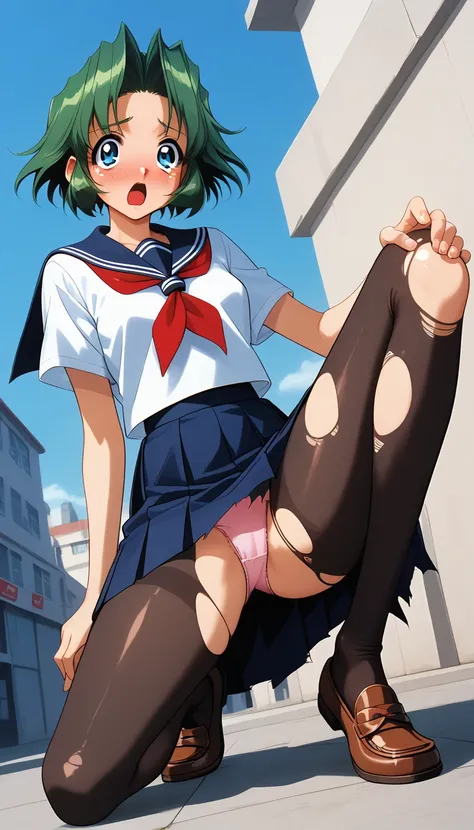 (masterpiece,  best quality:1.2),( super high res),(Ultra-detailed face),(torn clothes 1 :1.8) one girl ,Alone, toshinden_Ellis, gets down on one knee,Leg spread, view from below, Ripped School Uniform,Short Sleeve School Uniforms , blue miniskirt, Red Nec...