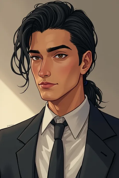 model is a lawyer {{{best quality}}}, {1man}, 30s, gentle eyes, man, {{{adult age}}}, mature, olive skin, sassy, tan complexion, manhwa, cozy, tan skin, brown eyes, tied back hair, long black hair, {{tan skin}}, latino, comfy, average body, depth of field,...