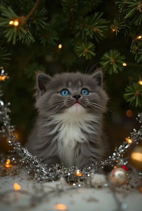 A gray kitten with a white chest and blue eyes got tangled in a garland under a Christmas tree